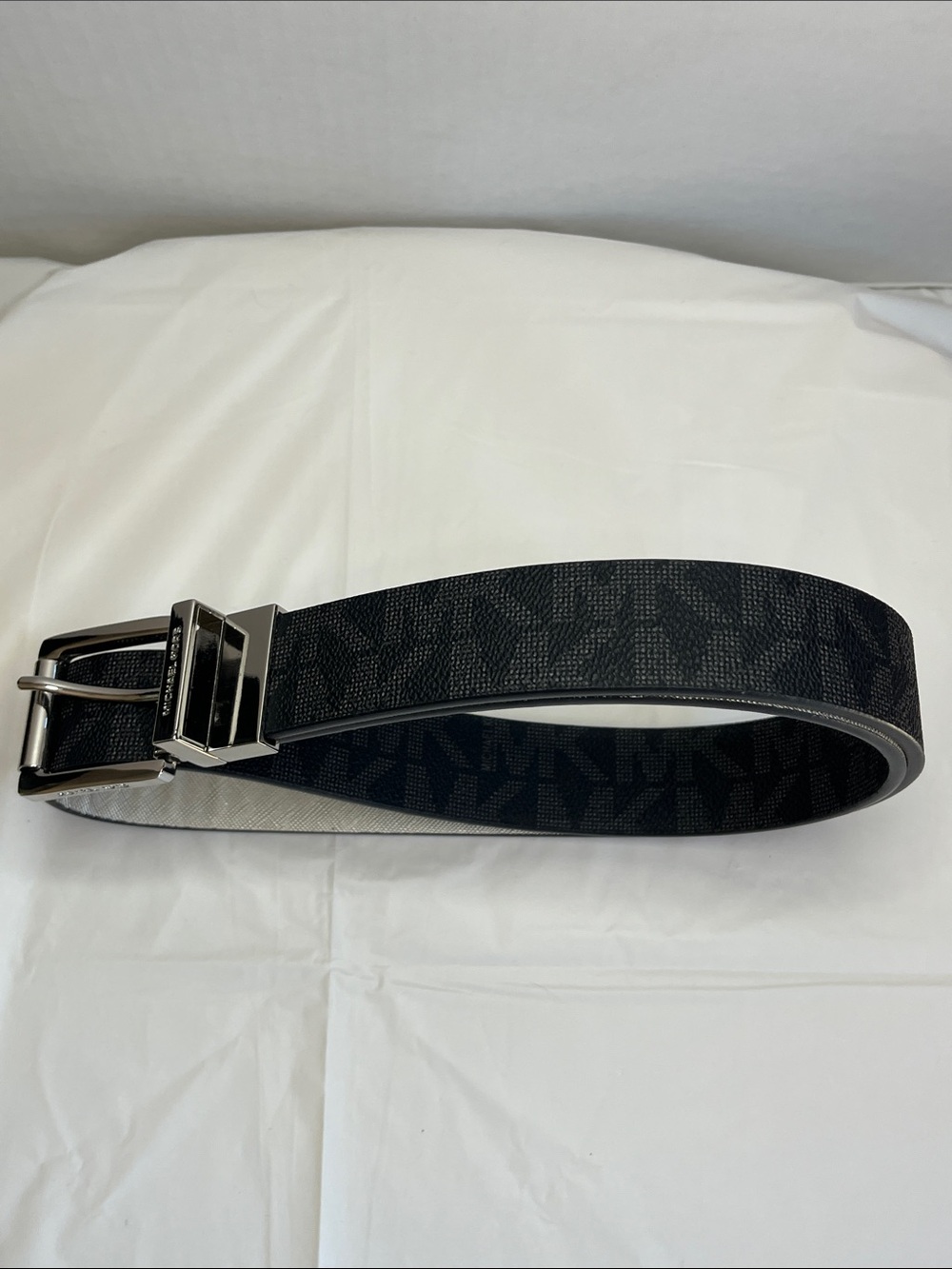 Michael Kors Black MK Logo Reversible Belt with Silver Buckle